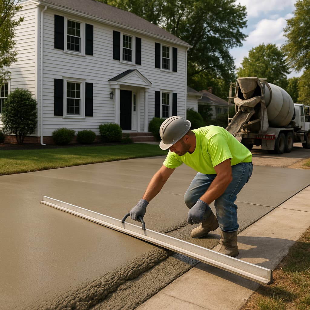 Professional concrete driveway installation showing cost-effective quality workmanship by Boston Concrete Works in typical suburban Boston neighborhood