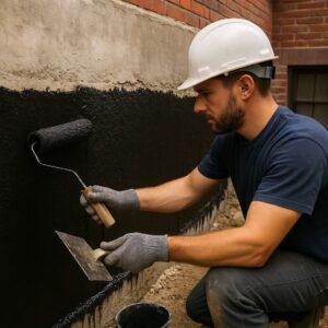 Professional waterproofing application as part of comprehensive concrete foundation repair service in Boston area basement