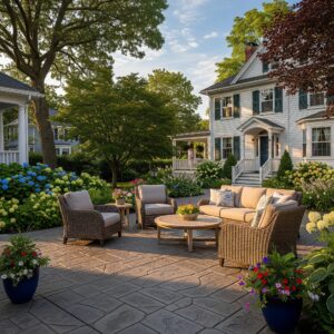 Decorative stamped concrete patio design and installation by Boston Concrete Work, showcasing modern patio ideas for a backyard in Boston, MA