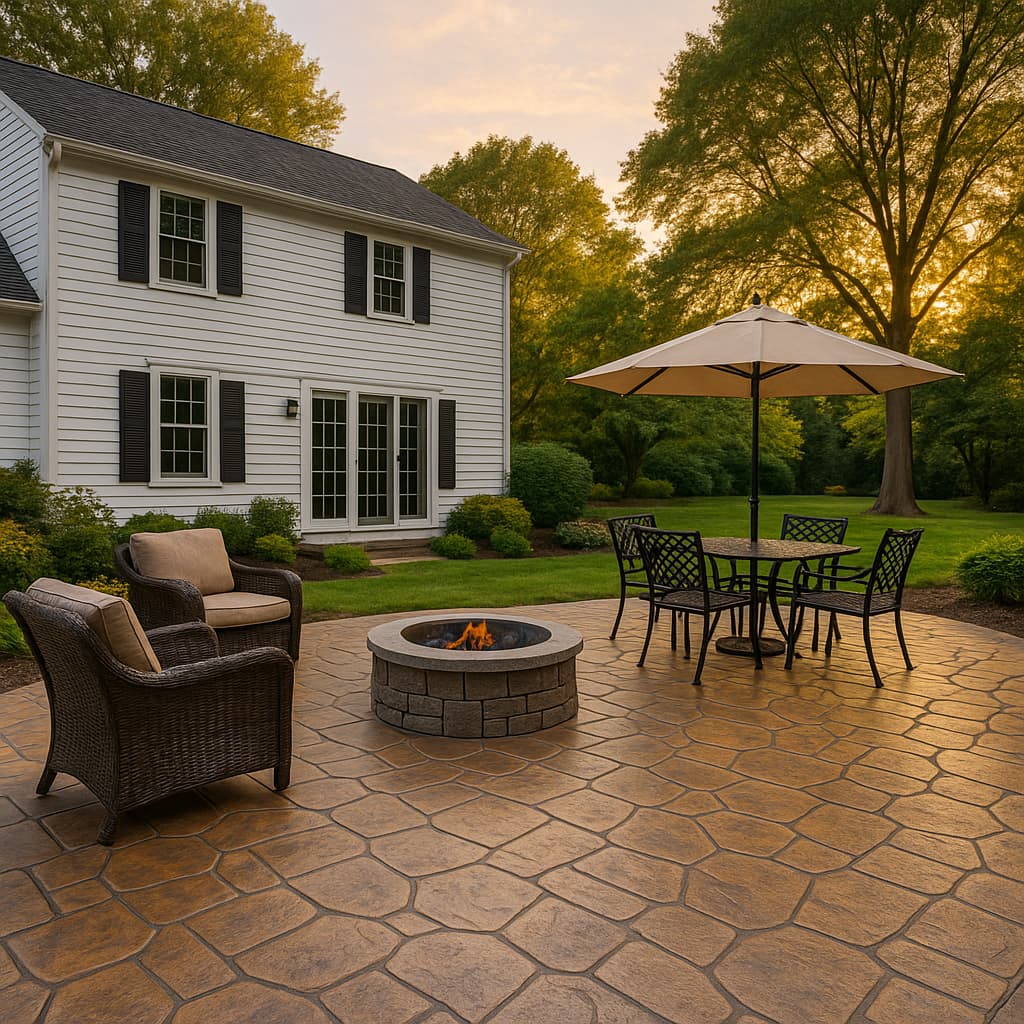 Stunning concrete patio ideas showcasing stamped flagstone pattern by Boston Concrete Works with integrated fire pit and outdoor living furniture