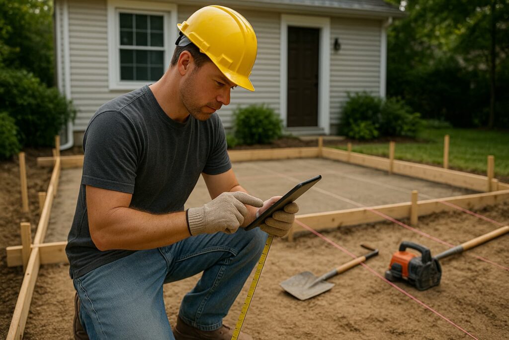 Professional concrete slab calculator consultation showing accurate measurement and planning for Boston concrete project by Boston Concrete Works
