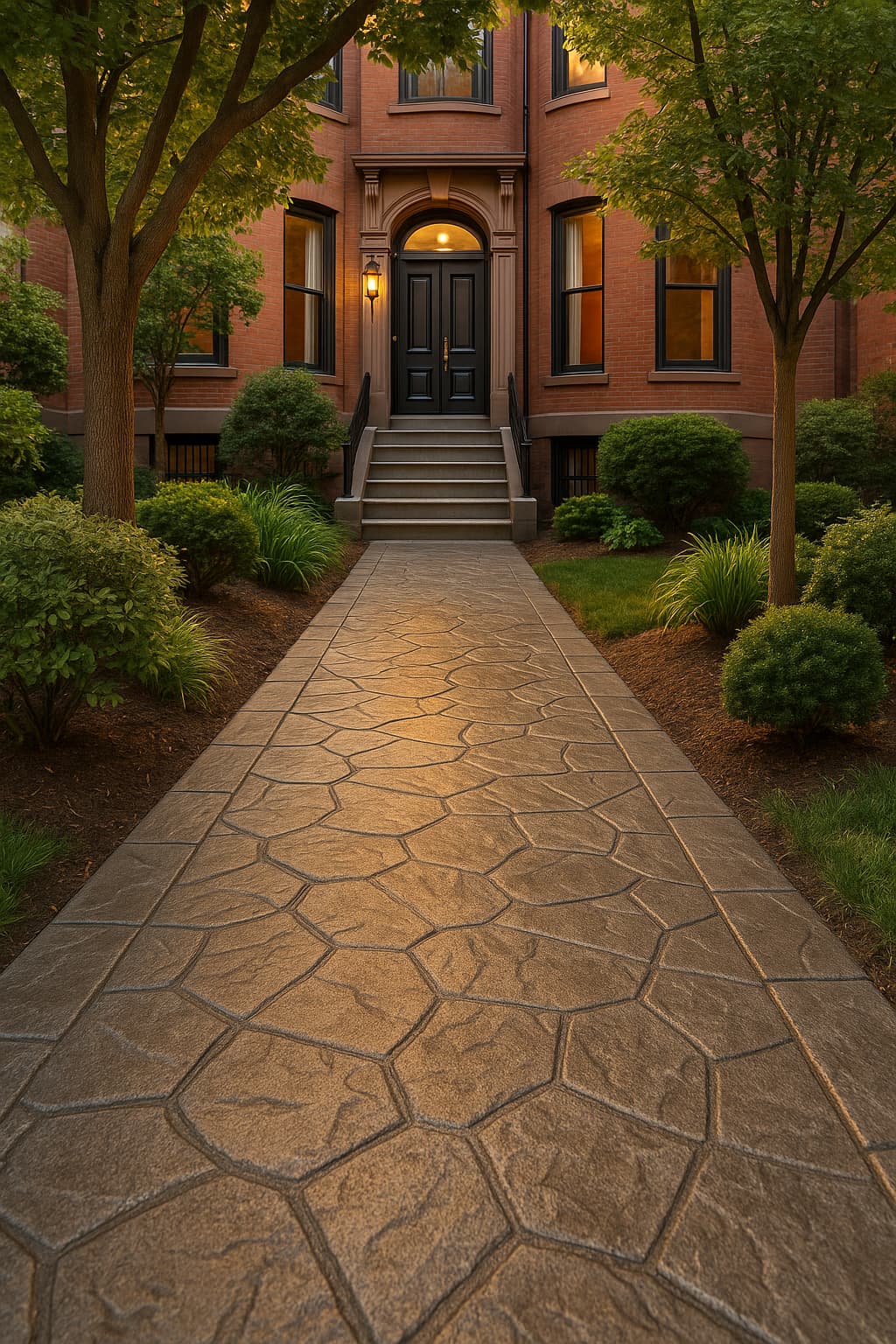 Beautiful stamped concrete walkway with flagstone pattern leading to Boston brownstone entrance, showcasing Boston Concrete Works quality installation and design