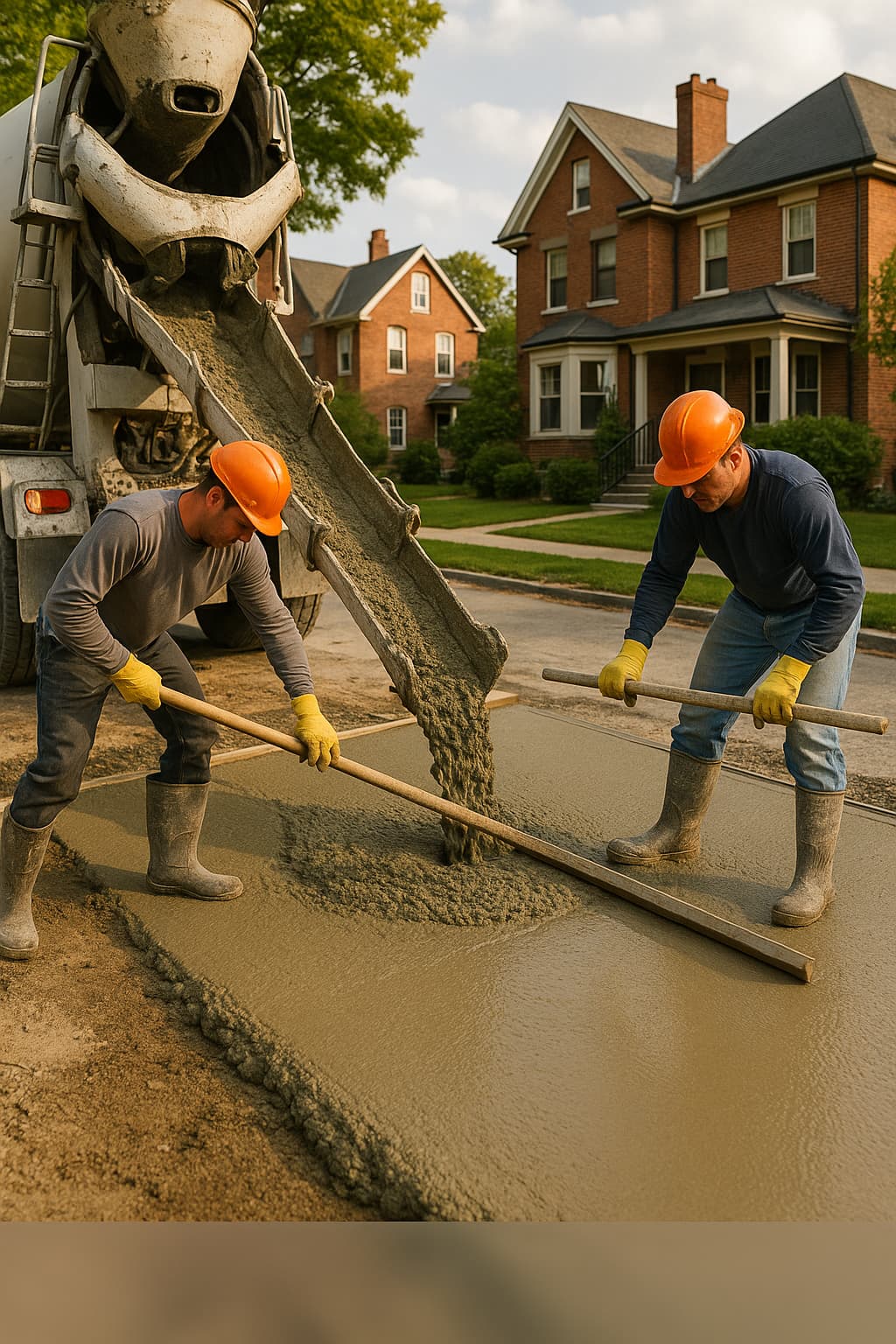 Professional concrete pouring operation by Boston Concrete Works showing proper concrete placement and finishing techniques at Boston residential project