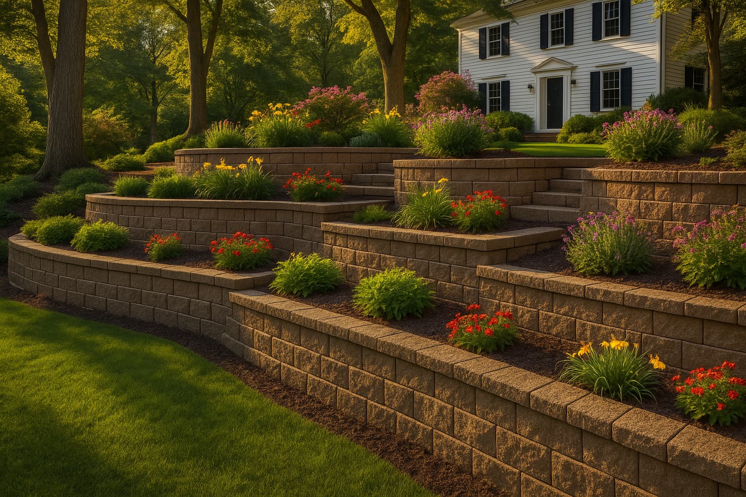 Creative terraced retaining wall ideas by Boston Concrete Works showing integrated planters and multiple levels transforming sloped Boston property into functional garden spaces