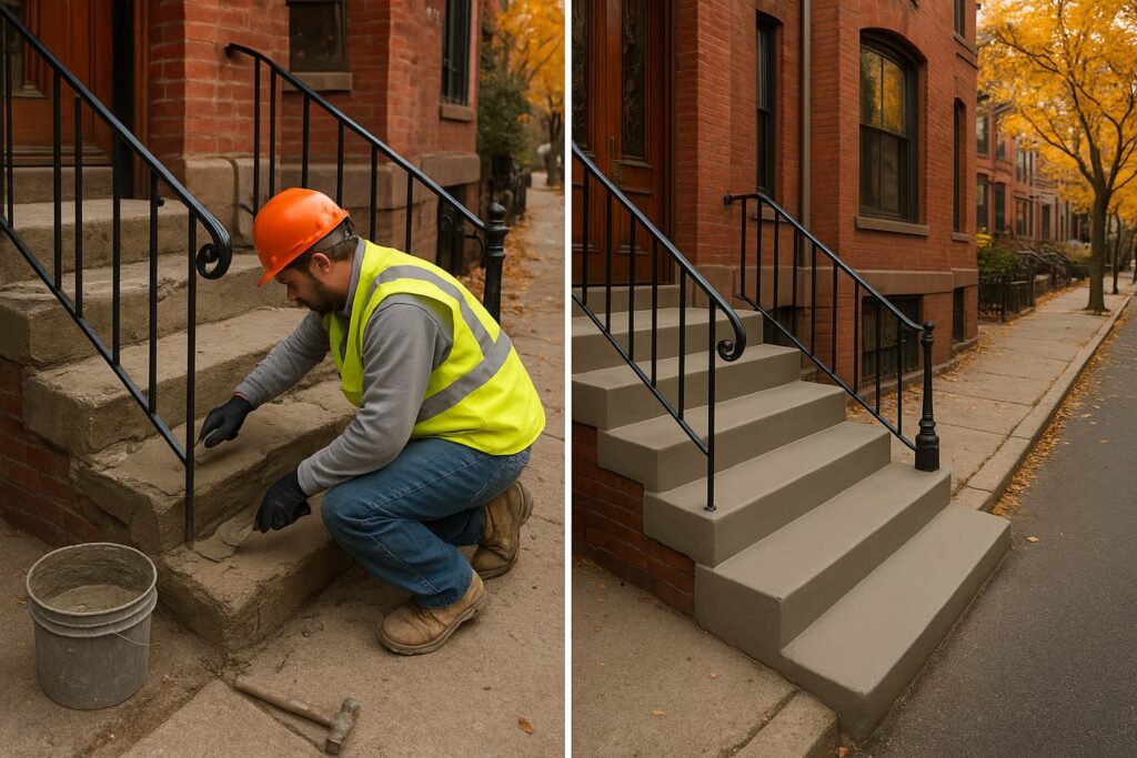 Small job concrete contractors near me - Boston Concrete Works repairing brownstone steps with professional before and after results