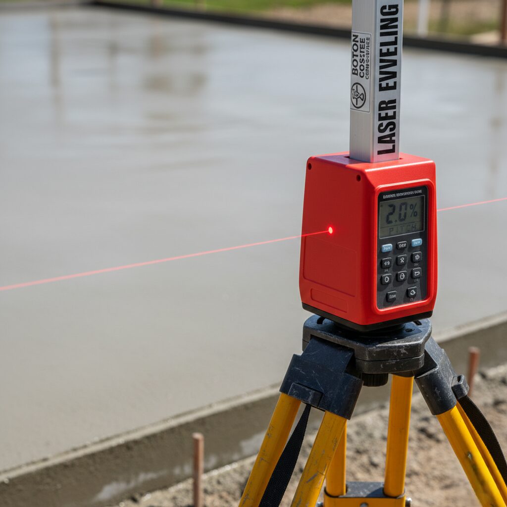 Boston Concrete Works 6-step pouring process featuring laser leveling and Grade 60 rebar reinforcement
