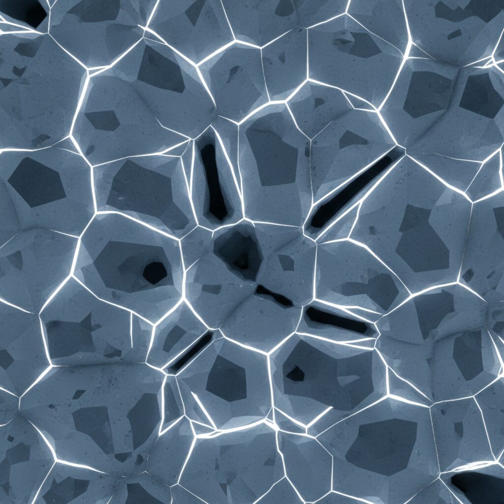 Microscopic view of high-density concrete hydration and crystalline bonding — Boston Concrete Works engineering.