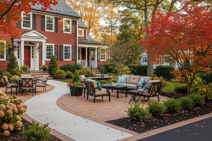 Decorative concrete patio featuring stamped, stone look finish, expertly installed by Boston Concrete Work for a residential backyard in Boston, MA